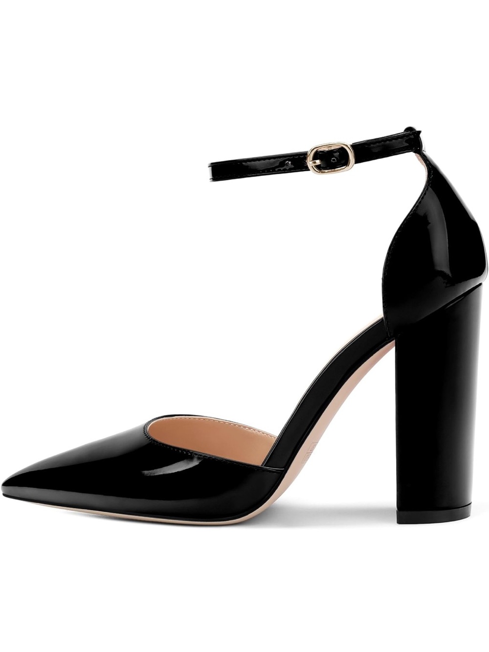 Black Patent Ankle-Strap Pointed Block Heel Pumps Size 9